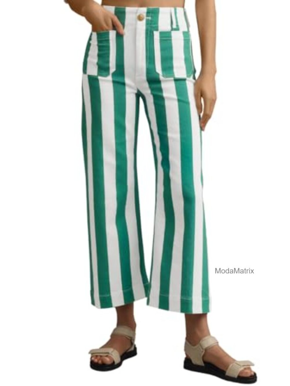 High Waisted Wide Leg Cropped Striped Denim Jeans